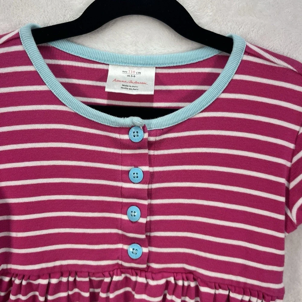 Hanna Andersson Button Front Striped Dress Girls 5-6Y Summer Coastal Cotton